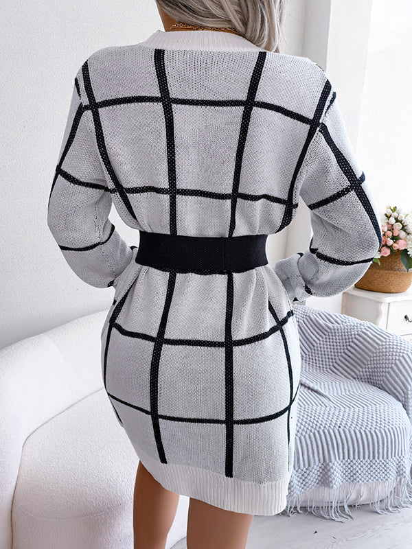 Elasticated Waist Long Sleeves Belted Contrast Color Plaid Round-Neck Mini Dresses Sweater Dresses - Image 15