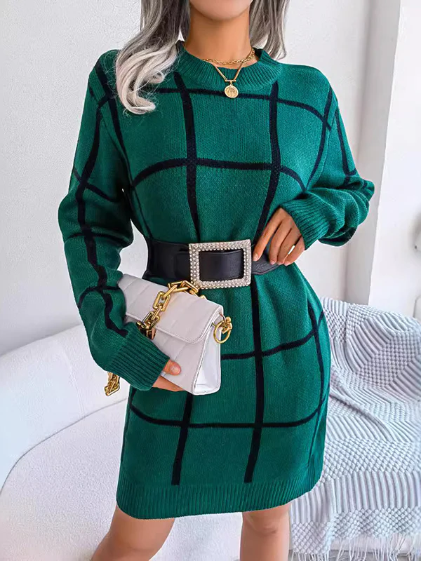 Elasticated Waist Long Sleeves Belted Contrast Color Plaid Round-Neck Mini Dresses Sweater Dresses - Image 16