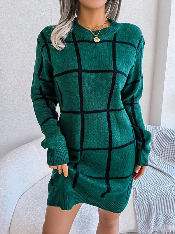 Elasticated Waist Long Sleeves Belted Contrast Color Plaid Round-Neck Mini Dresses Sweater Dresses - Image 20