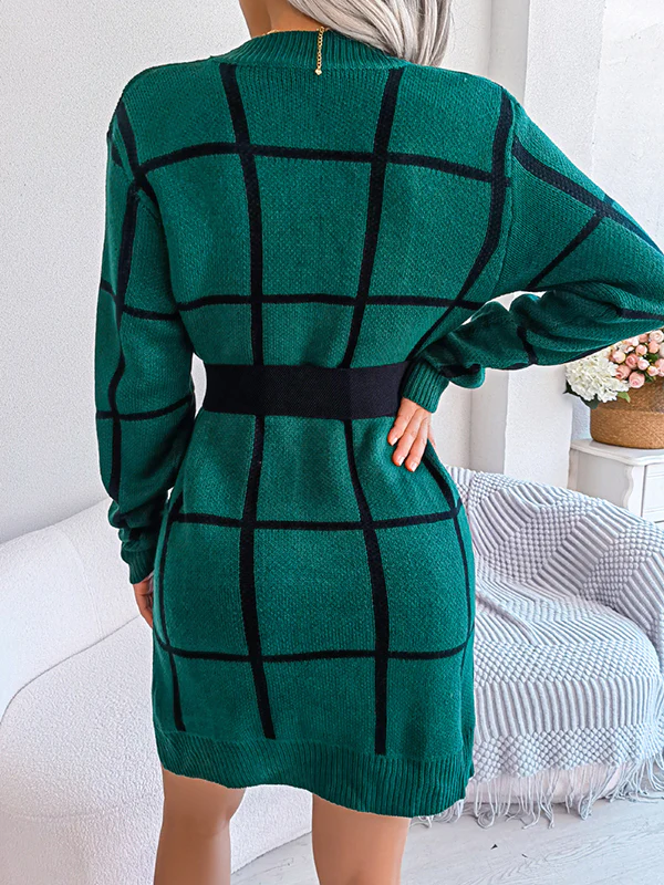 Elasticated Waist Long Sleeves Belted Contrast Color Plaid Round-Neck Mini Dresses Sweater Dresses - Image 21