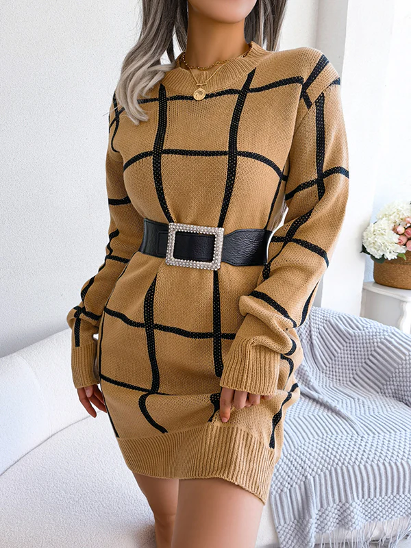 Elasticated Waist Long Sleeves Belted Contrast Color Plaid Round-Neck Mini Dresses Sweater Dresses - Image 3