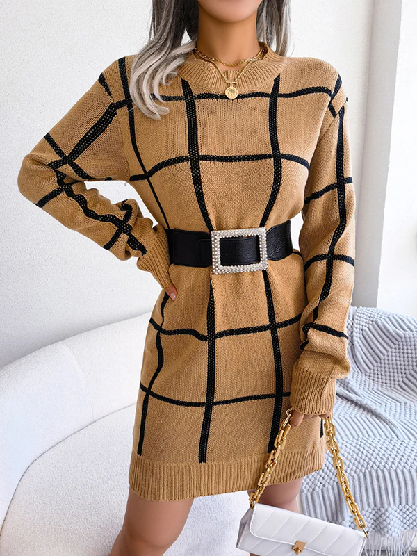 Elasticated Waist Long Sleeves Belted Contrast Color Plaid Round-Neck Mini Dresses Sweater Dresses - Image 4
