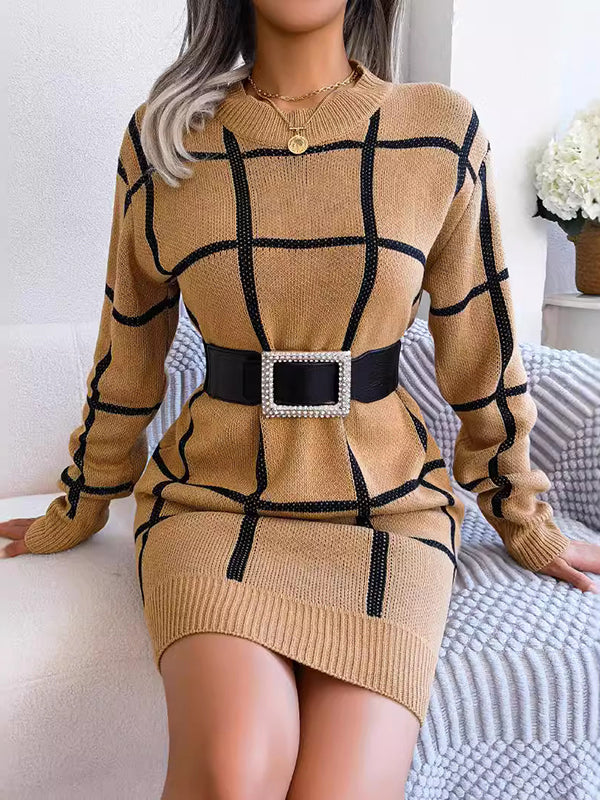 Elasticated Waist Long Sleeves Belted Contrast Color Plaid Round-Neck Mini Dresses Sweater Dresses - Image 5