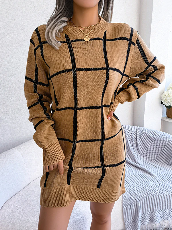 Elasticated Waist Long Sleeves Belted Contrast Color Plaid Round-Neck Mini Dresses Sweater Dresses - Image 7