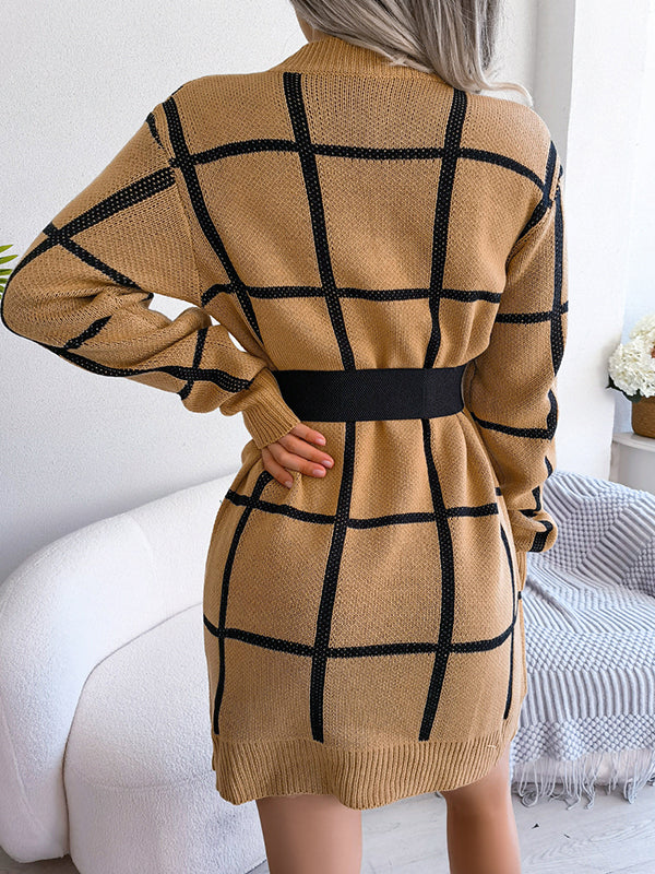 Elasticated Waist Long Sleeves Belted Contrast Color Plaid Round-Neck Mini Dresses Sweater Dresses - Image 8
