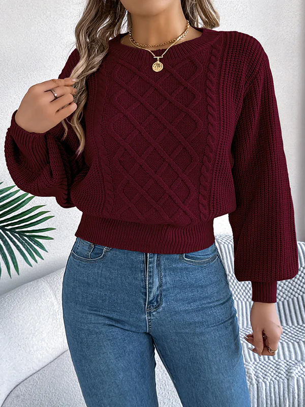 Elasticated Waist Long Sleeves Cable Knit Solid Color Round-Neck Knit Top Sweater Tops - Image 10