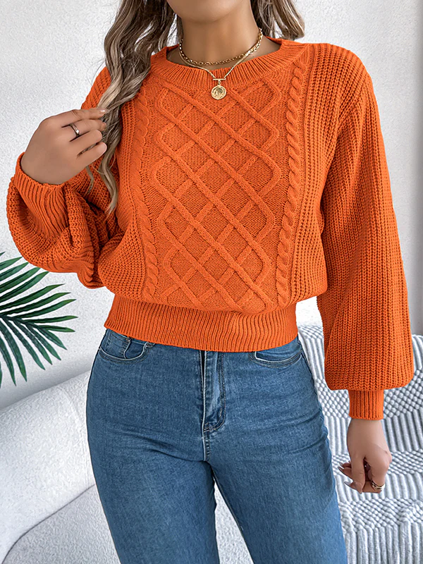 Elasticated Waist Long Sleeves Cable Knit Solid Color Round-Neck Knit Top Sweater Tops - Image 15