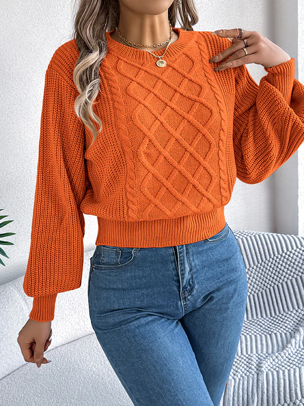 Elasticated Waist Long Sleeves Cable Knit Solid Color Round-Neck Knit Top Sweater Tops - Image 16