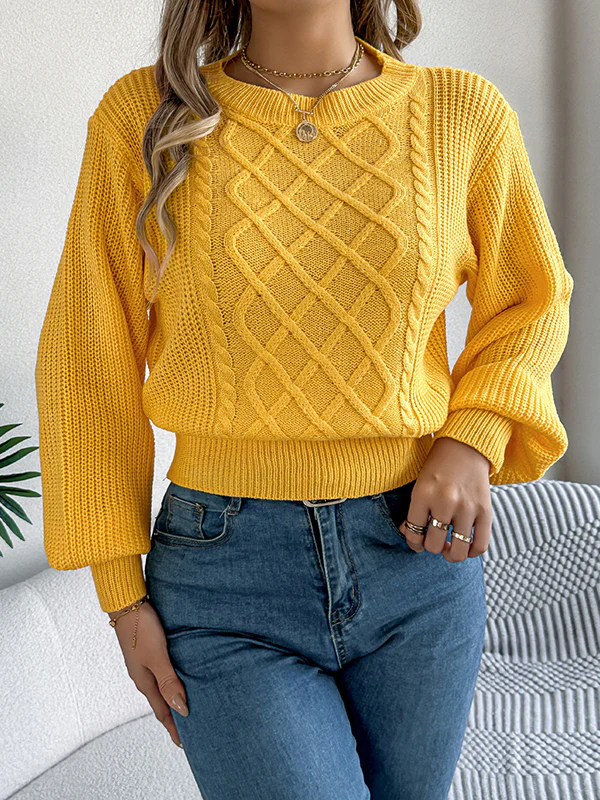 Elasticated Waist Long Sleeves Cable Knit Solid Color Round-Neck Knit Top Sweater Tops - Image 2
