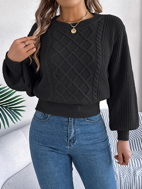 Elasticated Waist Long Sleeves Cable Knit Solid Color Round-Neck Knit Top Sweater Tops - Image 20