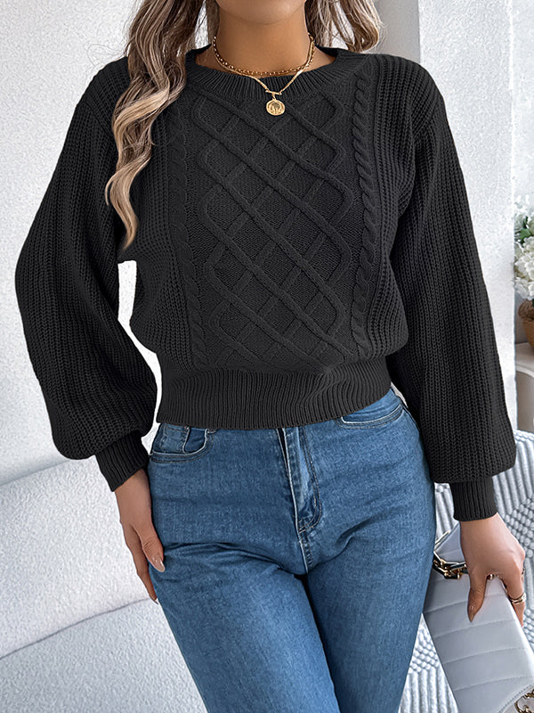 Elasticated Waist Long Sleeves Cable Knit Solid Color Round-Neck Knit Top Sweater Tops - Image 23
