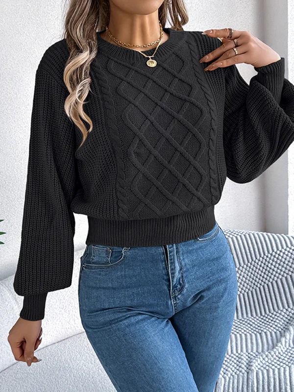 Elasticated Waist Long Sleeves Cable Knit Solid Color Round-Neck Knit Top Sweater Tops - Image 24