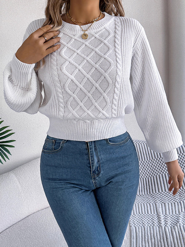 Elasticated Waist Long Sleeves Cable Knit Solid Color Round-Neck Knit Top Sweater Tops - Image 27