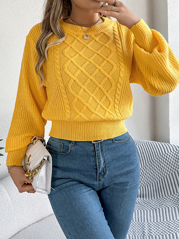 Elasticated Waist Long Sleeves Cable Knit Solid Color Round-Neck Knit Top Sweater Tops - Image 3