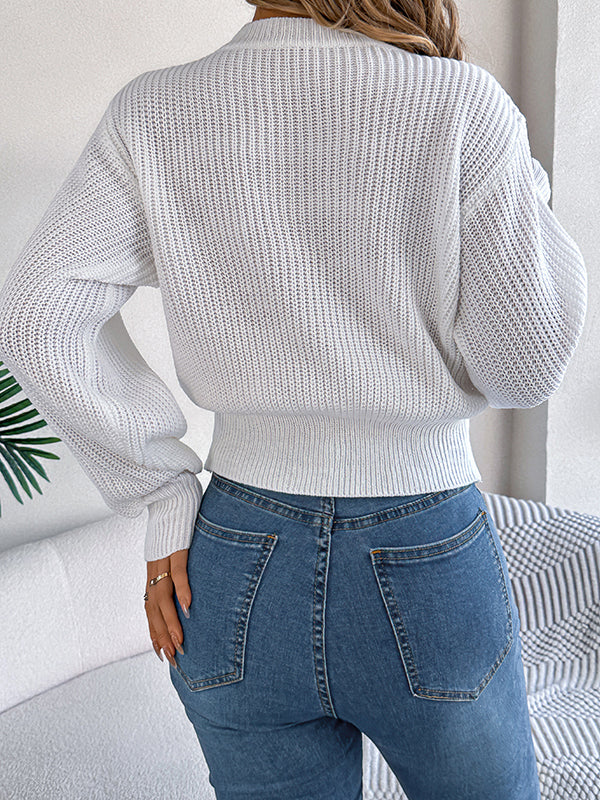 Elasticated Waist Long Sleeves Cable Knit Solid Color Round-Neck Knit Top Sweater Tops - Image 30