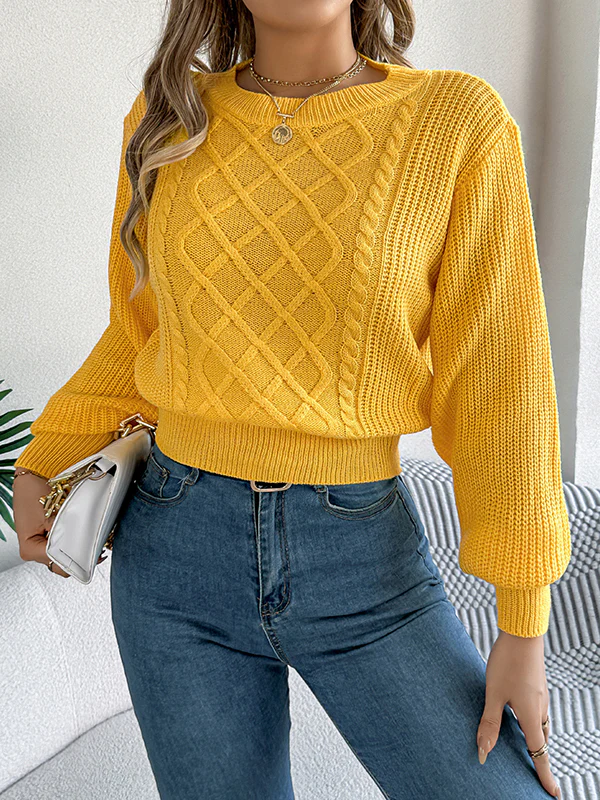 Elasticated Waist Long Sleeves Cable Knit Solid Color Round-Neck Knit Top Sweater Tops - Image 4