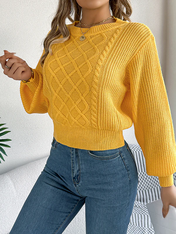 Elasticated Waist Long Sleeves Cable Knit Solid Color Round-Neck Knit Top Sweater Tops - Image 6