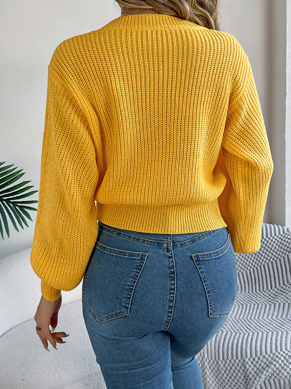 Elasticated Waist Long Sleeves Cable Knit Solid Color Round-Neck Knit Top Sweater Tops - Image 7