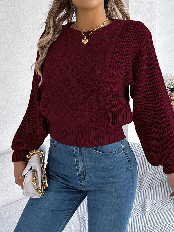 Elasticated Waist Long Sleeves Cable Knit Solid Color Round-Neck Knit Top Sweater Tops - Image 9