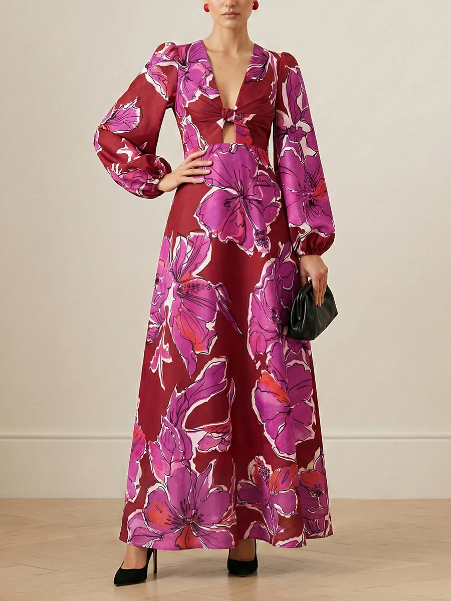 Elasticated Waist Long Sleeves Contrast Color Flower Print Hollow Split-Joint Twist Deep V-Neck Maxi Dresses - Image 3