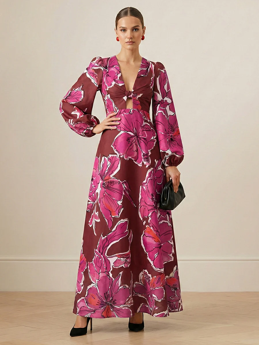 Elasticated Waist Long Sleeves Contrast Color Flower Print Hollow Split-Joint Twist Deep V-Neck Maxi Dresses - Image 4