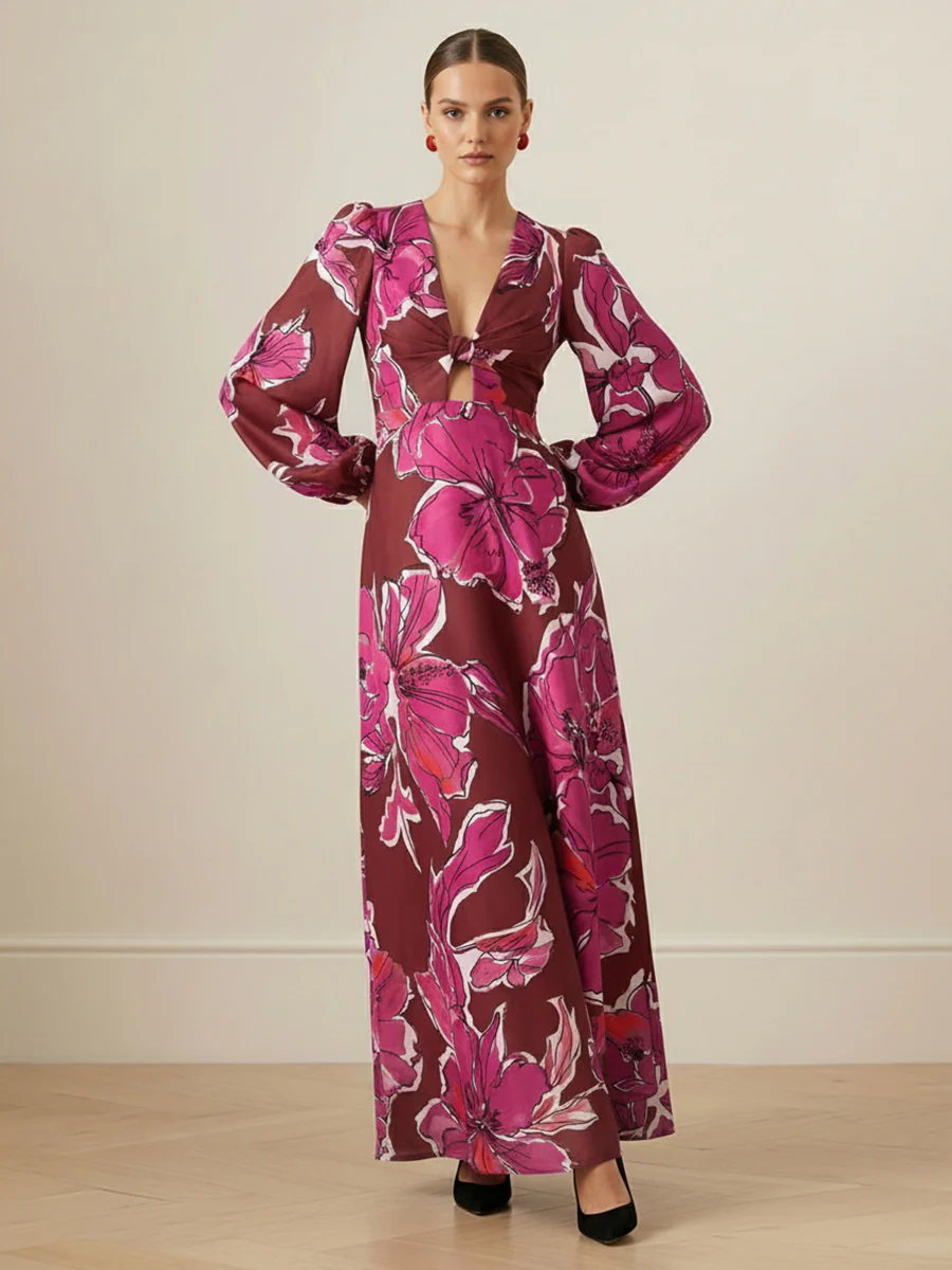 Elasticated Waist Long Sleeves Contrast Color Flower Print Hollow Split-Joint Twist Deep V-Neck Maxi Dresses - Image 5