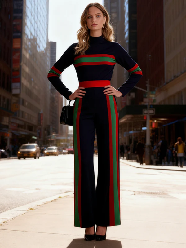 Elasticated Waist Long Sleeves Contrast Color Pockets Striped Half Turtleneck Jumpsuits - Image 2
