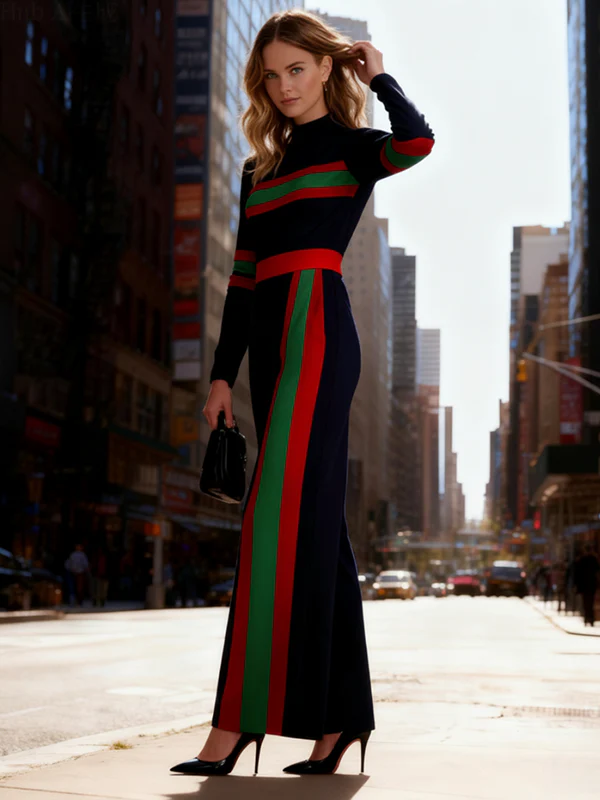 Elasticated Waist Long Sleeves Contrast Color Pockets Striped Half Turtleneck Jumpsuits - Image 4