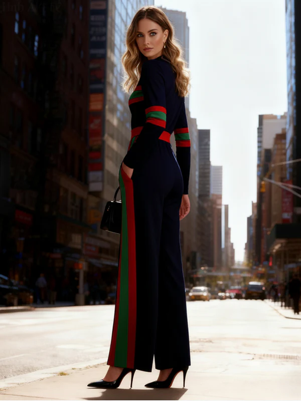 Elasticated Waist Long Sleeves Contrast Color Pockets Striped Half Turtleneck Jumpsuits - Image 5