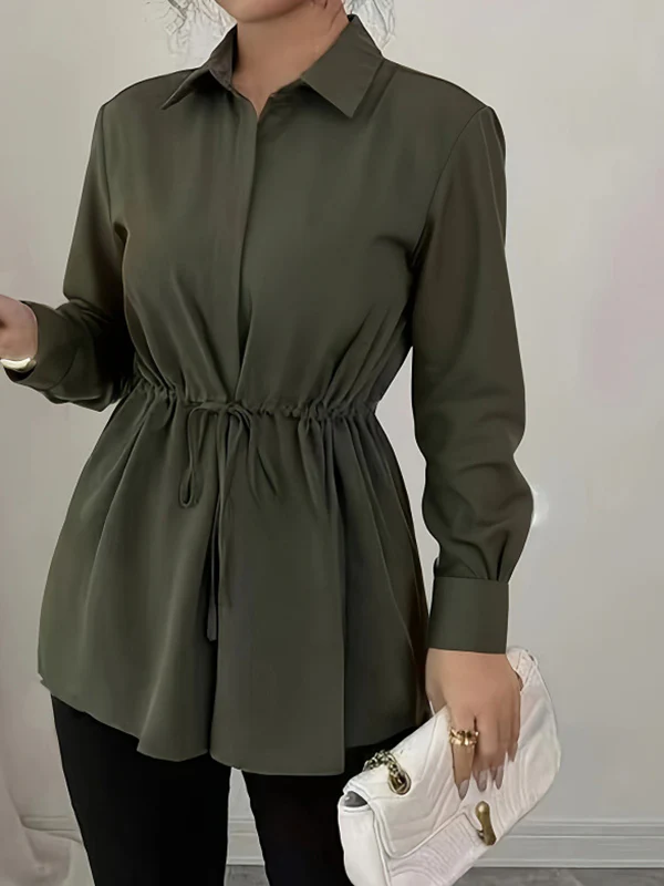 Elasticated Waist Long Sleeves Drawstring Pleated Solid Color Tied Waist Lapel Blouses&Shirts Tops
