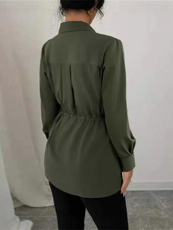 Elasticated Waist Long Sleeves Drawstring Pleated Solid Color Tied Waist Lapel Blouses&Shirts Tops - Image 2