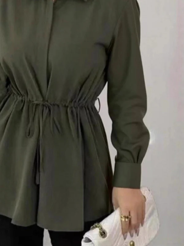 Elasticated Waist Long Sleeves Drawstring Pleated Solid Color Tied Waist Lapel Blouses&Shirts Tops - Image 3