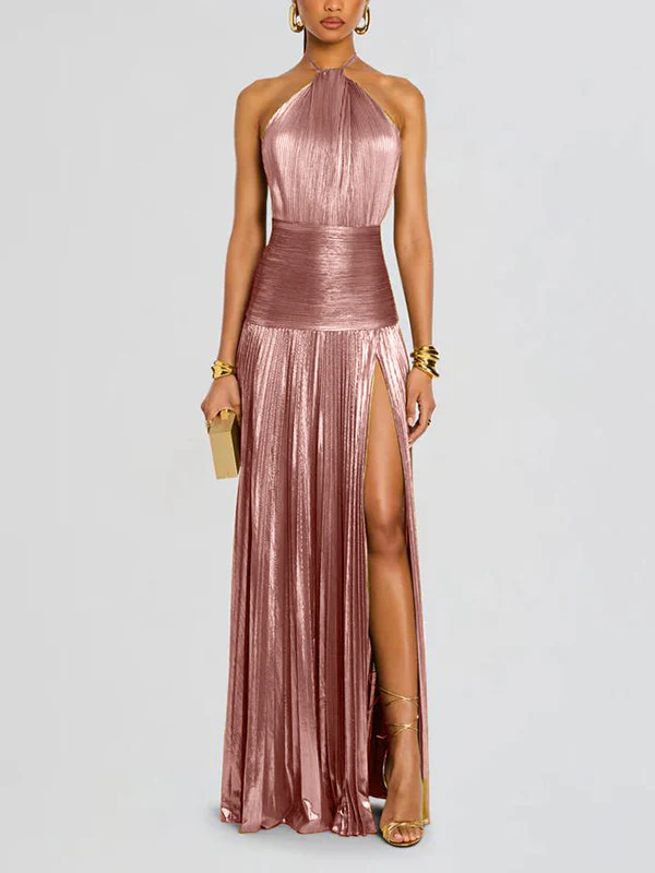 Elasticated Waist Sleeveless Pleated Shiny Solid Color Split-Side Halter-Neck Maxi Dresses - Image 2