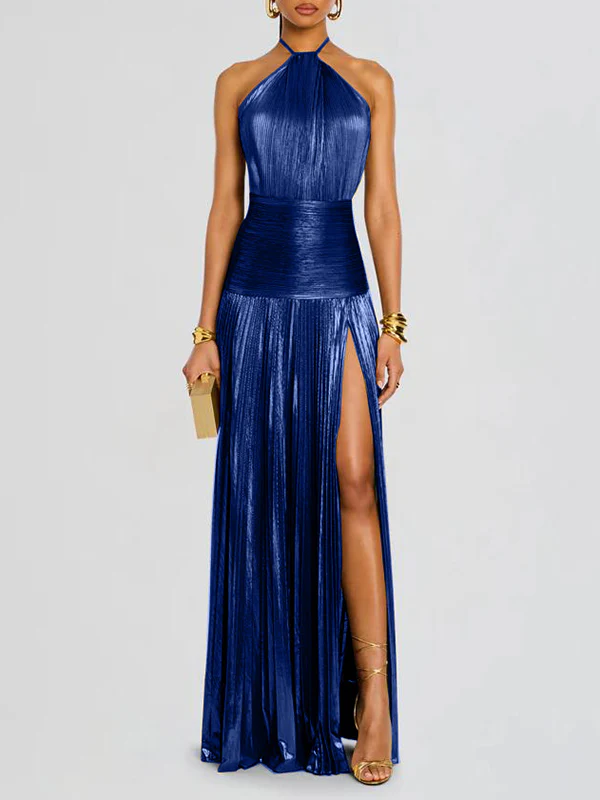 Elasticated Waist Sleeveless Pleated Shiny Solid Color Split-Side Halter-Neck Maxi Dresses - Image 3