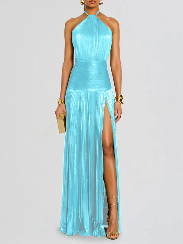 Elasticated Waist Sleeveless Pleated Shiny Solid Color Split-Side Halter-Neck Maxi Dresses - Image 4