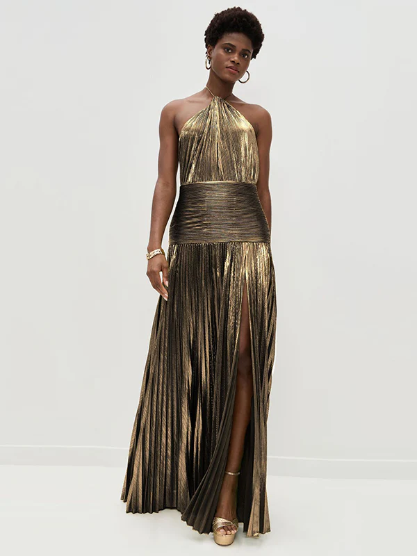 Elasticated Waist Sleeveless Pleated Shiny Solid Color Split-Side Halter-Neck Maxi Dresses - Image 5