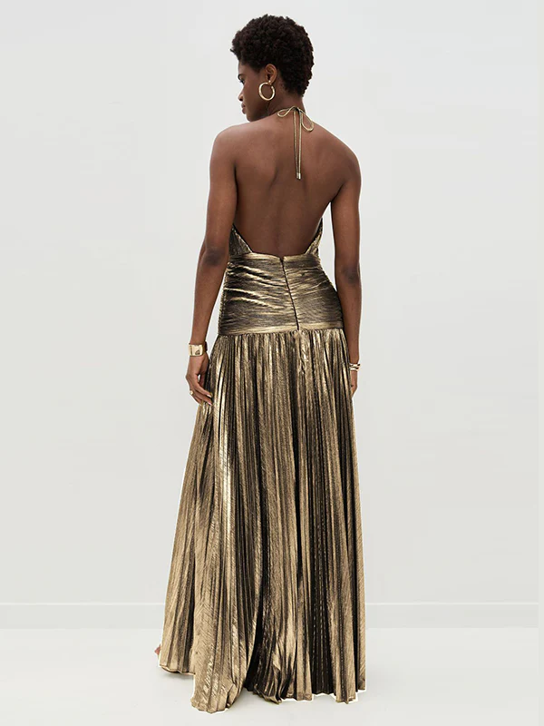 Elasticated Waist Sleeveless Pleated Shiny Solid Color Split-Side Halter-Neck Maxi Dresses - Image 6