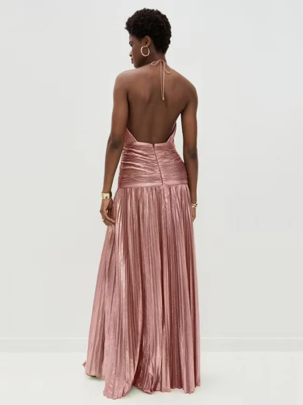 Elasticated Waist Sleeveless Pleated Shiny Solid Color Split-Side Halter-Neck Maxi Dresses - Image 7