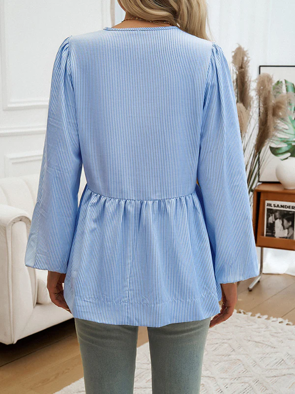 Long Sleeves Loose Elasticity Pleated Striped Tied Round-Neck Blouses&Shirts Tops - Image 10