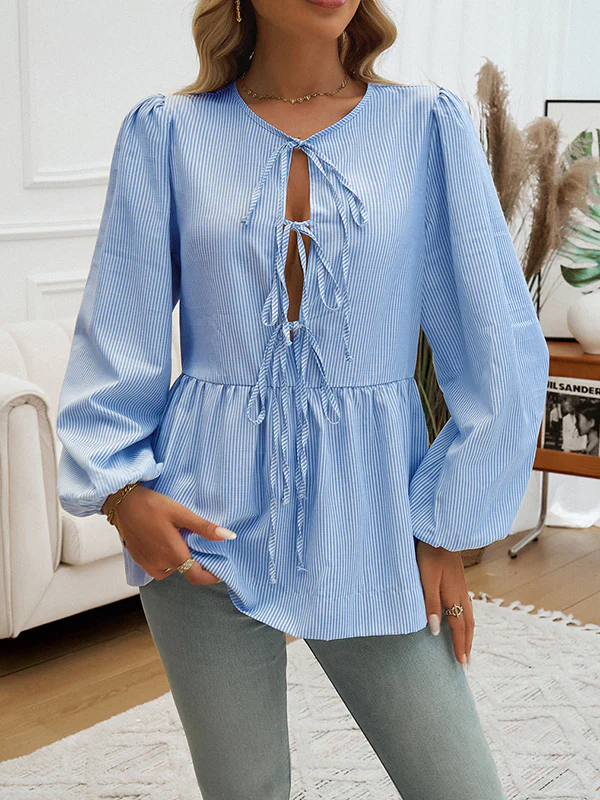 Long Sleeves Loose Elasticity Pleated Striped Tied Round-Neck Blouses&Shirts Tops - Image 2