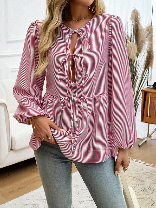 Long Sleeves Loose Elasticity Pleated Striped Tied Round-Neck Blouses&Shirts Tops - Image 3