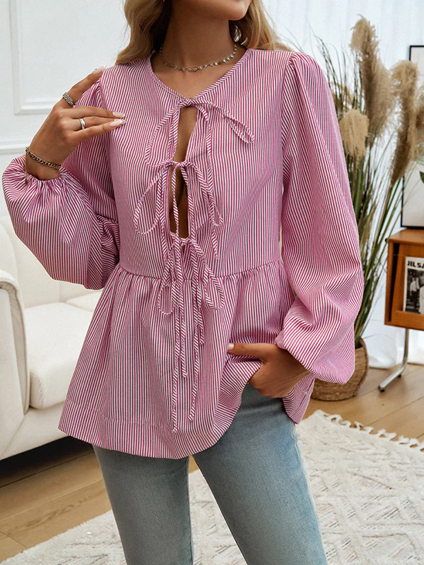 Long Sleeves Loose Elasticity Pleated Striped Tied Round-Neck Blouses&Shirts Tops - Image 5