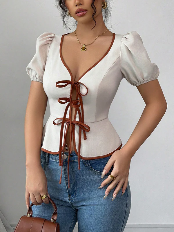 Loose Puff Sleeves Elasticity Pleated Tied V-Neck Blouses&Shirts Tops - Image 2