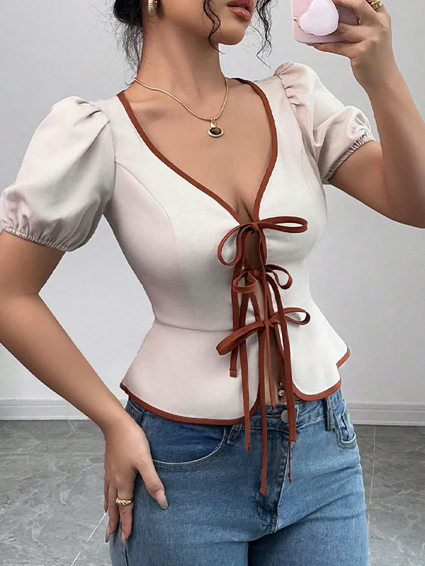 Loose Puff Sleeves Elasticity Pleated Tied V-Neck Blouses&Shirts Tops - Image 4