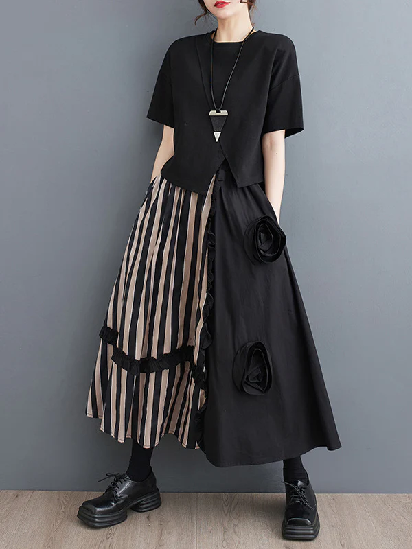 Elastics High Waisted Loose Flower-Embellished Split-Joint Skirts Bottoms - Image 2