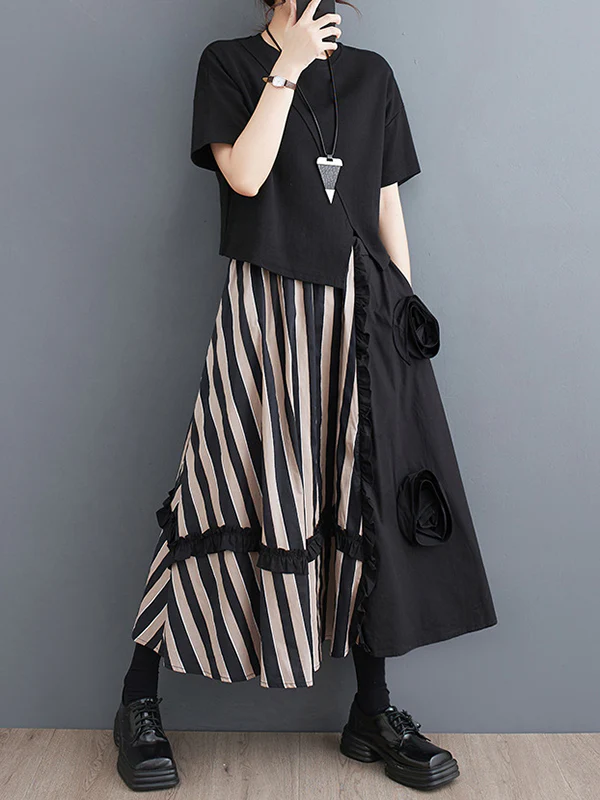 Elastics High Waisted Loose Flower-Embellished Split-Joint Skirts Bottoms - Image 3
