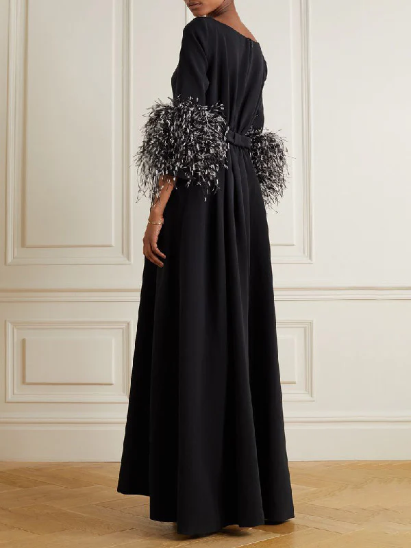 Elegant Simple Black And White Feather Long Sleeve Party Dress - Image 2