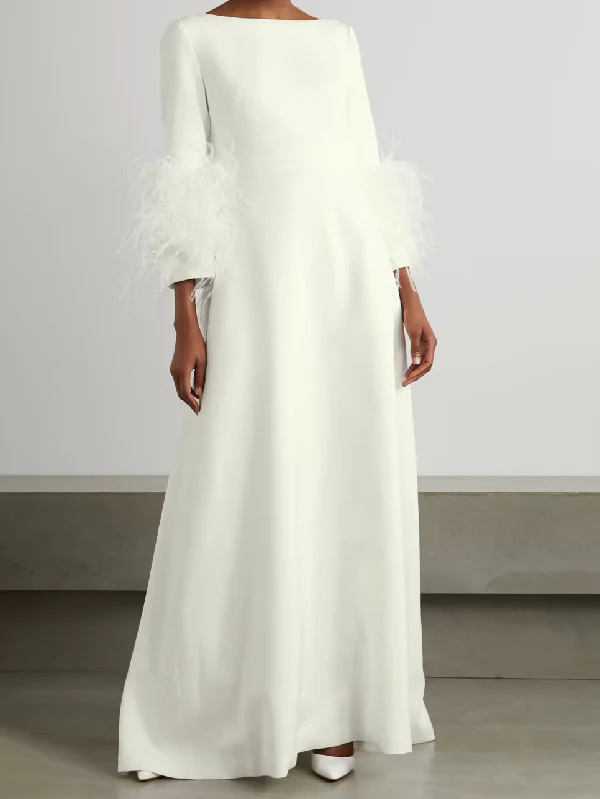 Elegant Simple Black And White Feather Long Sleeve Party Dress - Image 3