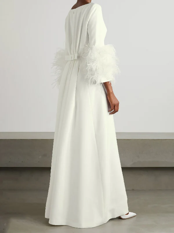 Elegant Simple Black And White Feather Long Sleeve Party Dress - Image 4