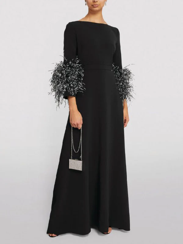 Elegant Simple Black And White Feather Long Sleeve Party Dress - Image 5